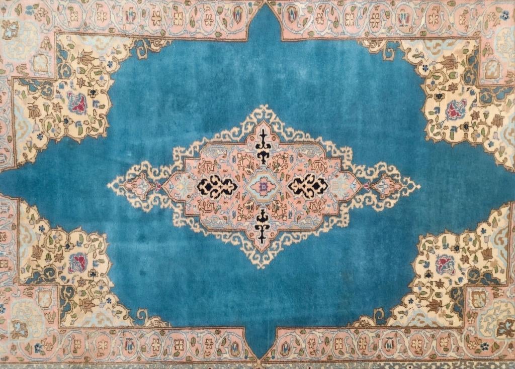 Handmade oriental wool Kirman carpet light blue 175x235cm, Persian Perzisch vintage oosters hype, Gebruikt, Crème, HYPE POP-UP