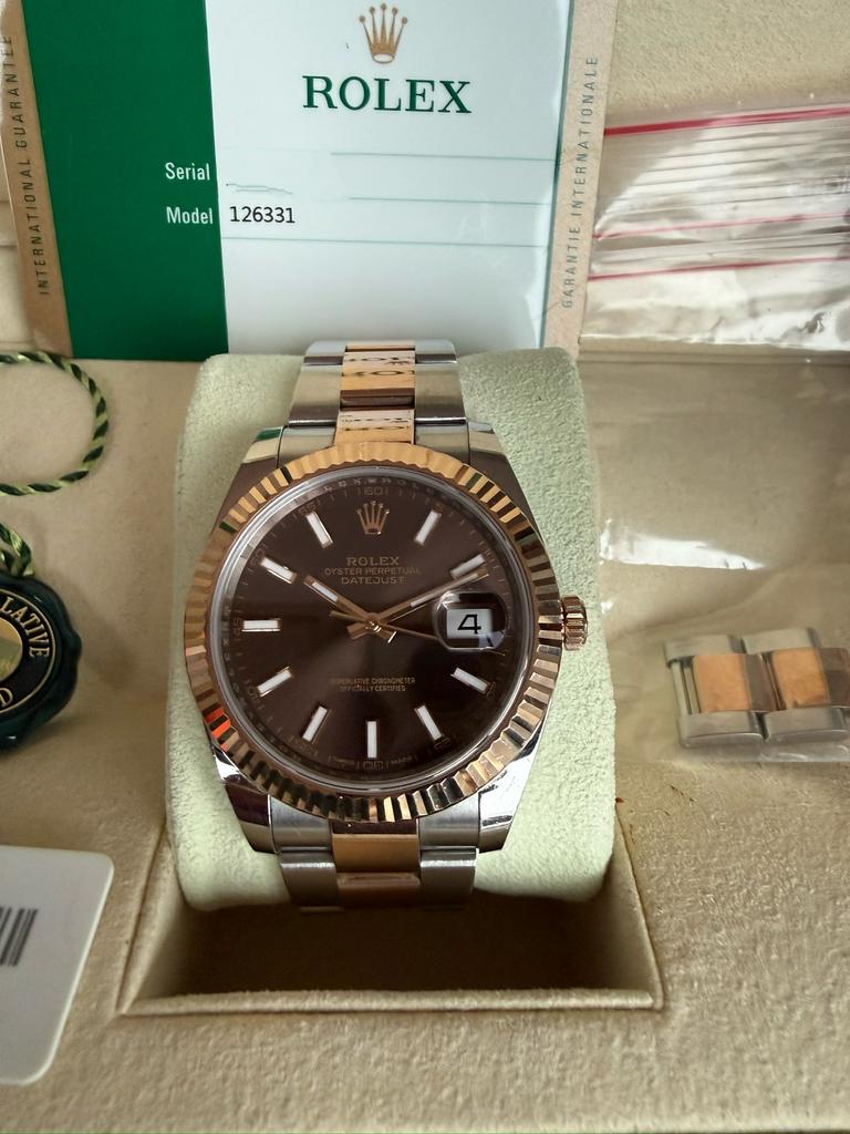 41mm Rolex DJ Everose/staal 126331 choco dial full set, Ophalen, Zo goed als nieuw, Staal, Rolex