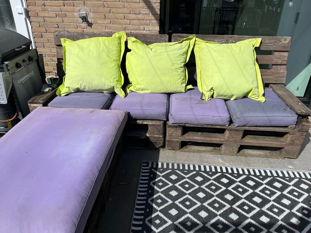 Gratis palletbank met kussens, Ophalen, Gebruikt, 3 zitplaatsen, Loungeset