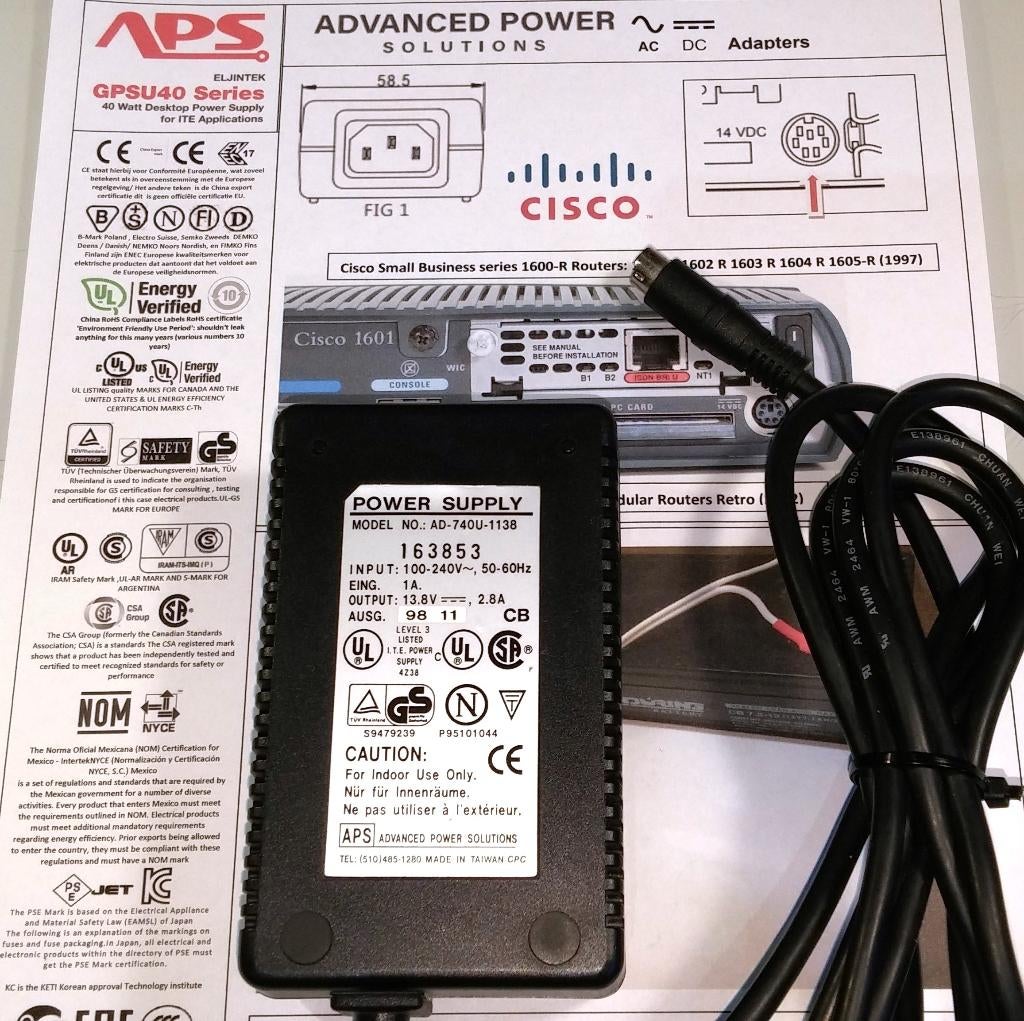 APS AD-740U-1138 AC Adapter 13.8V 14V 2.8A 39W Cisco 1600-R, Computers en Software, Pc- en Netwerkkabels, Ophalen of Verzenden