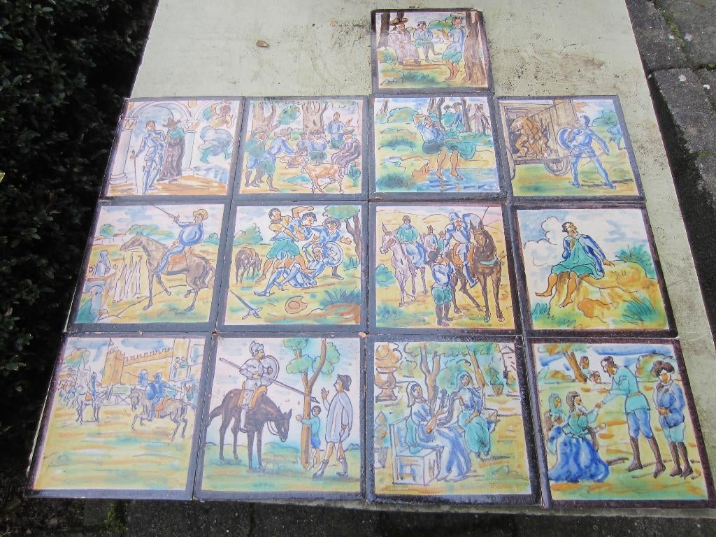 13 kleurrijke oude Spaanse tegels 14x14cm Don Quichot tiles, Antiek en Kunst, Antiek | Wandborden en Tegels, Ophalen