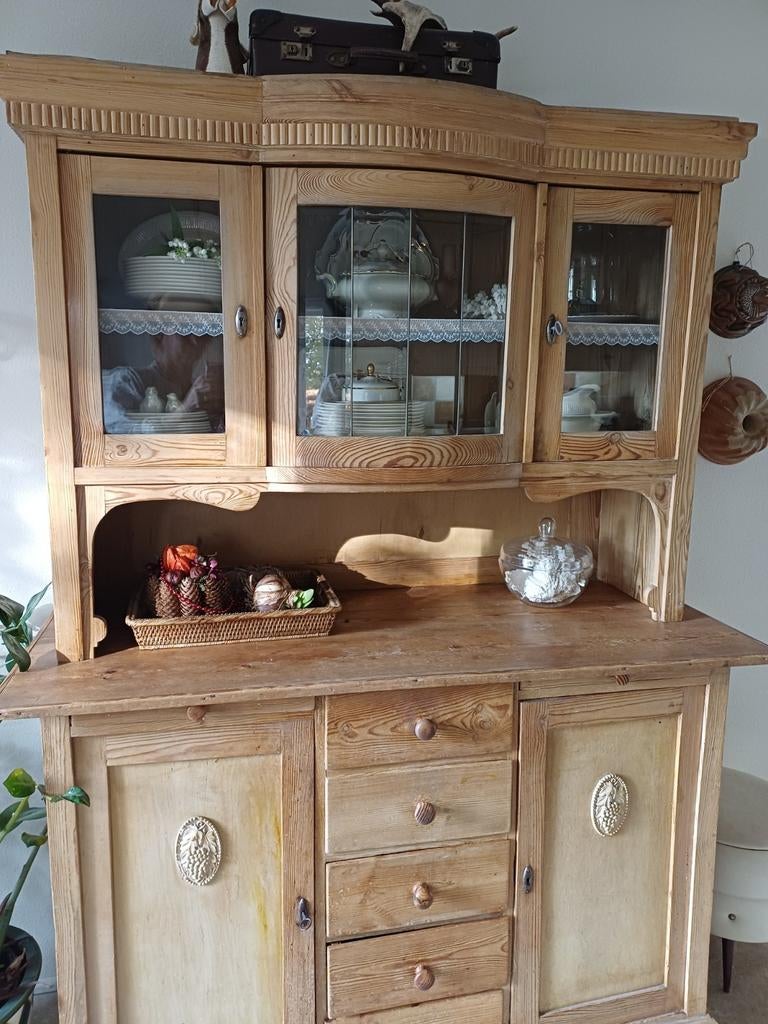 Antieke Franse Brocante Kast - Massief Grenen Vitrinekast, Ophalen