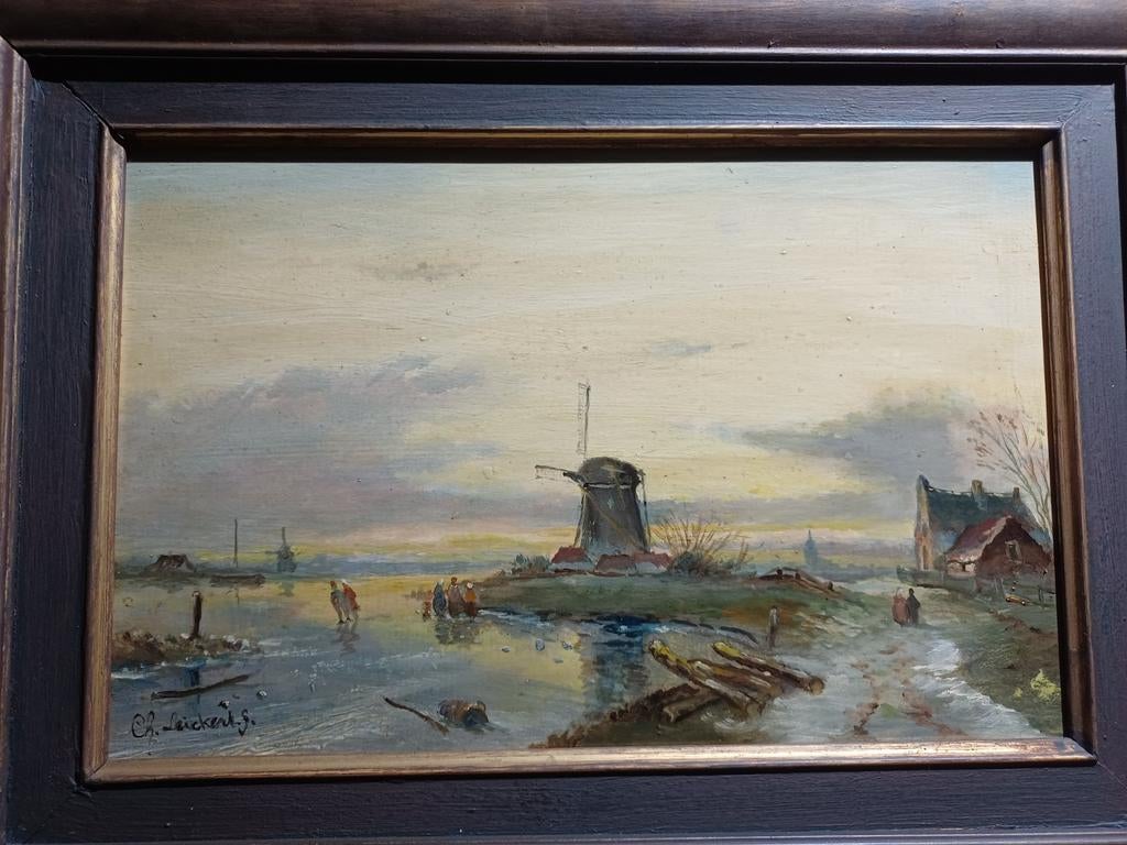 Mooi winter gezicht  gesigneerd  ch leickert opaneel, Antiek en Kunst, Ophalen of Verzenden