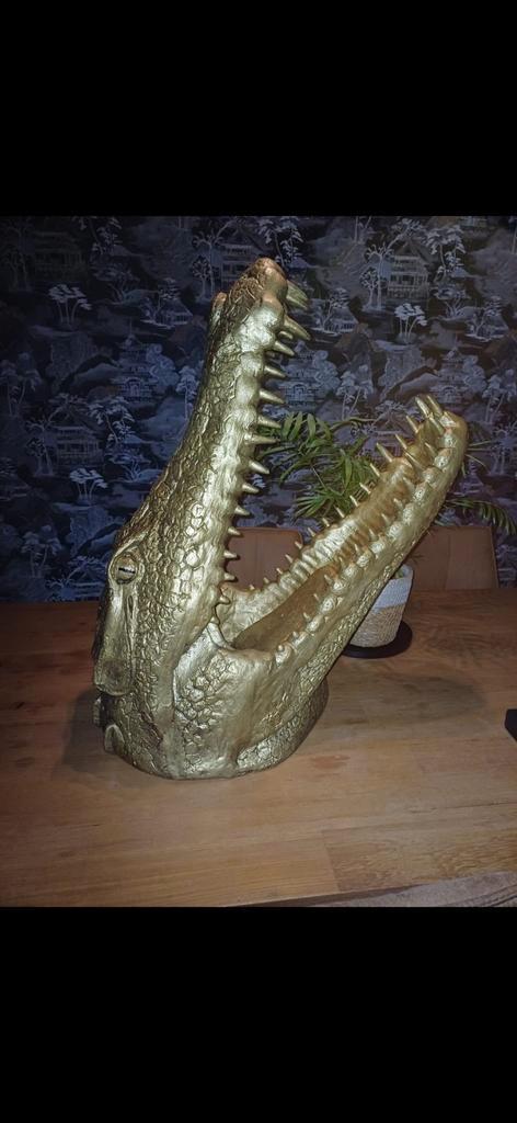 Gouden Krokodillenkop - Levensgroot Polyester Beeld, Tuin en Terras, Tuinbeelden, Zo goed als nieuw, Dierenbeeld, Kunststof, Ophalen