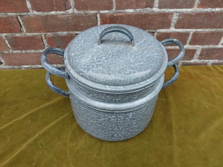 Set grijs-gewolkt emaille, pan + vergiet + deksel., Antiek en Kunst, Antiek | Emaille, Verzenden