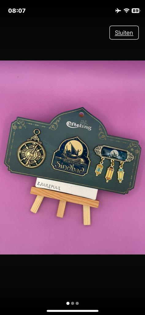 Efteling pin set sindbad op kaartje, Verzamelen, Efteling, Nieuw, Button of Speldje, Verzenden