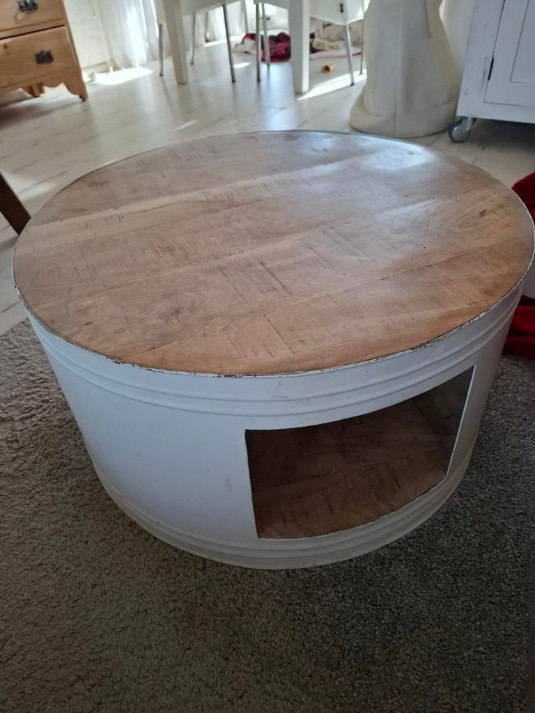 Bijzettafel oliedrum met houten blad by Boo, Huis en Inrichting, Minder dan 45 cm, Gebruikt, Rond, Industrieel, Landelijk, Upcycled