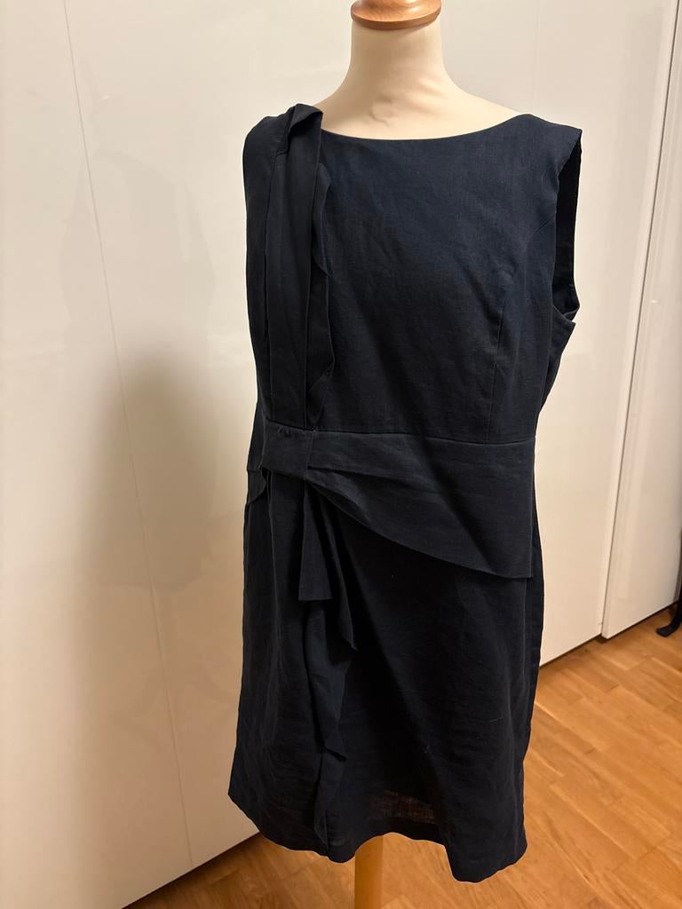 Donkerblauwe gevoerde linnen jurk met franje, Blauw, Maat 42/44 (L), Ophalen of Verzenden, Knielengte