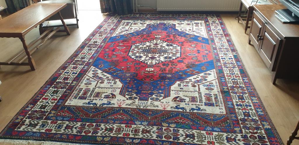 Perzisch tapijt handgeknoopt semi-antiek  ., Huis en Inrichting, Ophalen, Gebruikt, Crème, 200 cm of meer