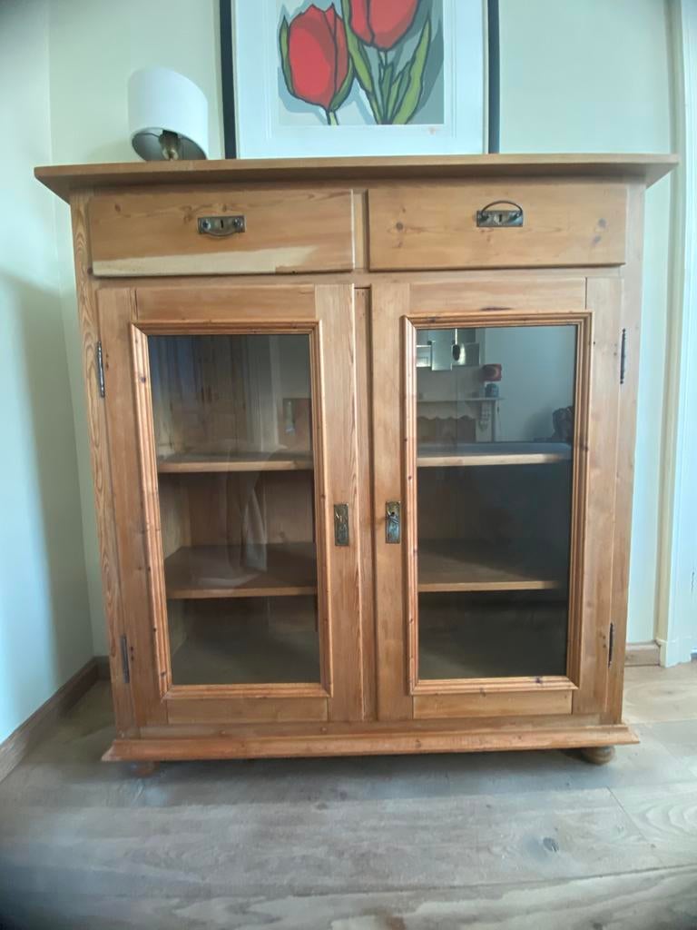 Oude grenen vitrine kast, Ophalen, Gebruikt, 100 tot 150 cm, Landelijk