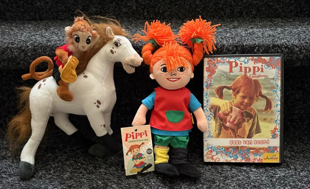 Pippi Langkous set: knuffels, boekje en DVD, Kinderen en Baby's, Speelgoed | Knuffels en Pluche, Overige merken, Overige karakters
