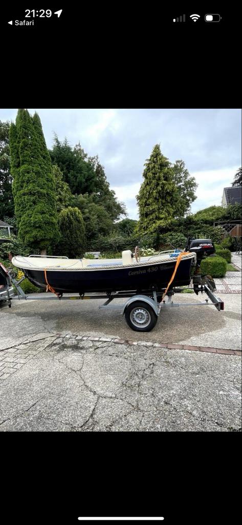 Corsiva 430 Classic sloep met 6pk Suzuki en trailer, Watersport en Boten, Sloepen, Ophalen, Gebruikt, Tot 10 pk, 3 tot 6 meter