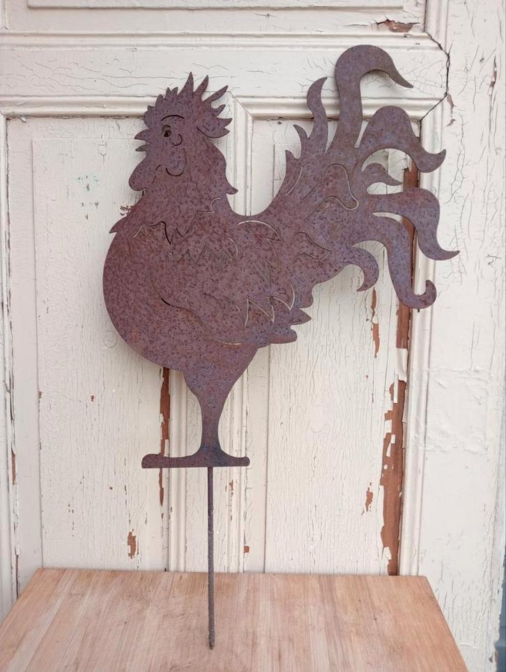Metalen roest haan tuinsteker - Tuindecoratie, Tuin en Terras, Tuinstekers, Gebruikt, Ophalen of Verzenden
