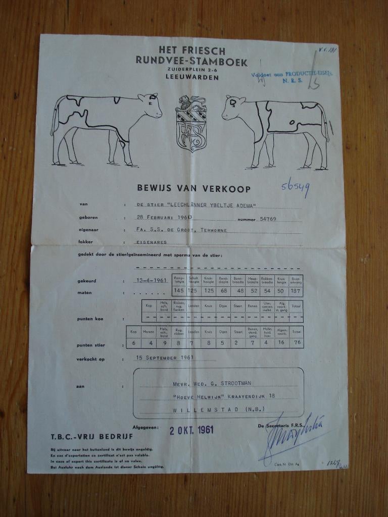 rundvee stamboek bewijs van verkoop koe stier 1961, Ophalen, Gebruikt, Boerderijdier, Overige typen