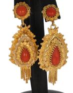 Bloedkoraal antiek set 14k goud filigrain baardjes oorbellen, Verzenden, Goud, Oorbellen, Met edelsteen