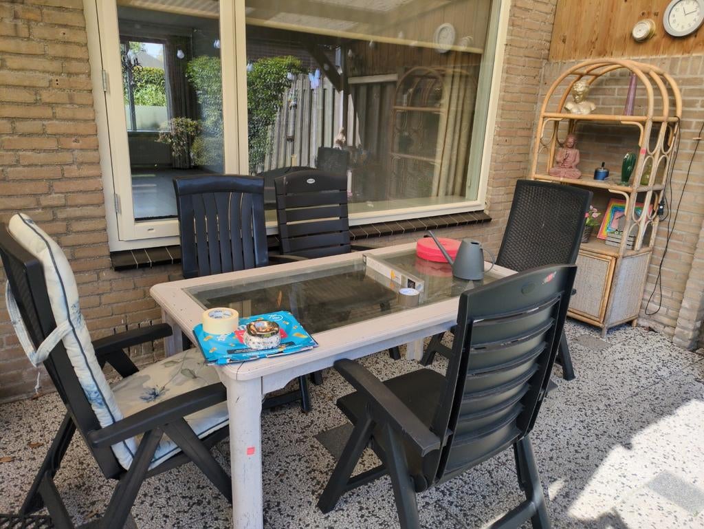 Diverse tuinstoelen met kussens, Ophalen, Gebruikt, Kunststof