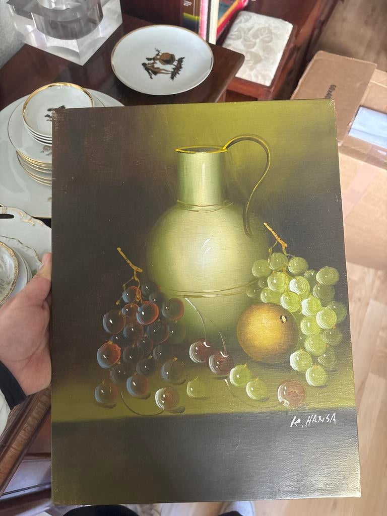 Schilderij stilleven met fruit en kan, Ophalen of Verzenden