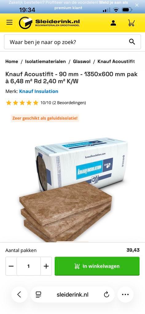 Knauf Acoustifit Glaswol Isolatie 90mm - Geluidsisolatie, Doe-het-zelf en Verbouw, Isolatie en Afdichting, Nieuw, Muurisolatie