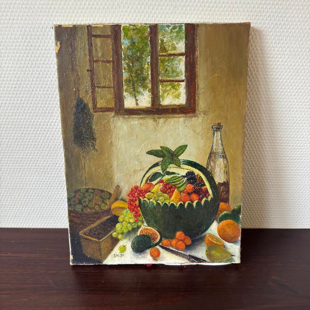 Stilleven Schilderij op Doek 1990, Zonder Lijst, Fruitmand, Ophalen of Verzenden