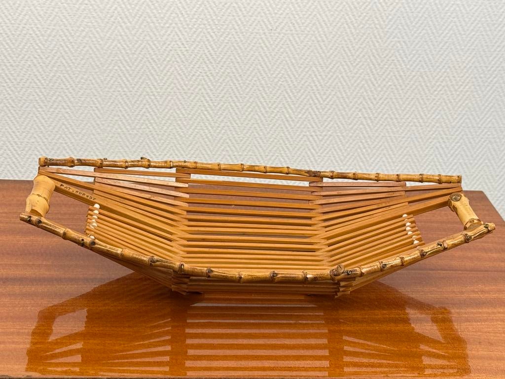 Vintage bamboe fruitschaal - inklapbaar design, Schaal, Ophalen of Verzenden, Zo goed als nieuw, Overige vormen