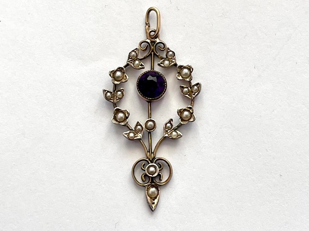 Antieke 19e eeuw hanger amethist zaadparels, Sieraden, Tassen en Uiterlijk, Antieke sieraden, Ophalen of Verzenden, Goud, Hanger