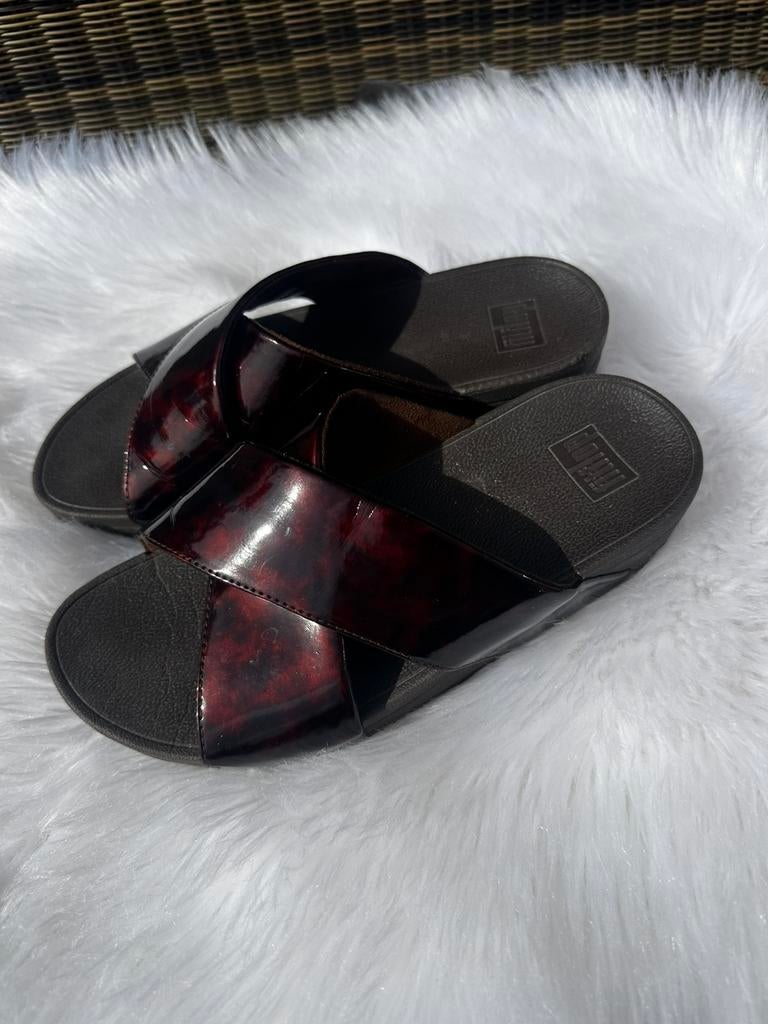 FitFlop Lulu Tortoiseshell Slide Chocolate Brown Turtle, Kleding | Dames, Schoenen, Ophalen of Verzenden, Zo goed als nieuw, Bruin