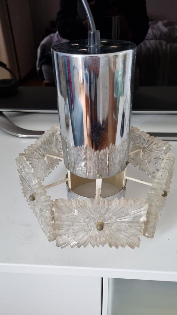 Mid-century vintage hanglamp kristal met chroom, Ophalen, Gebruikt, Mid-century, Vintage, Modern, Glas