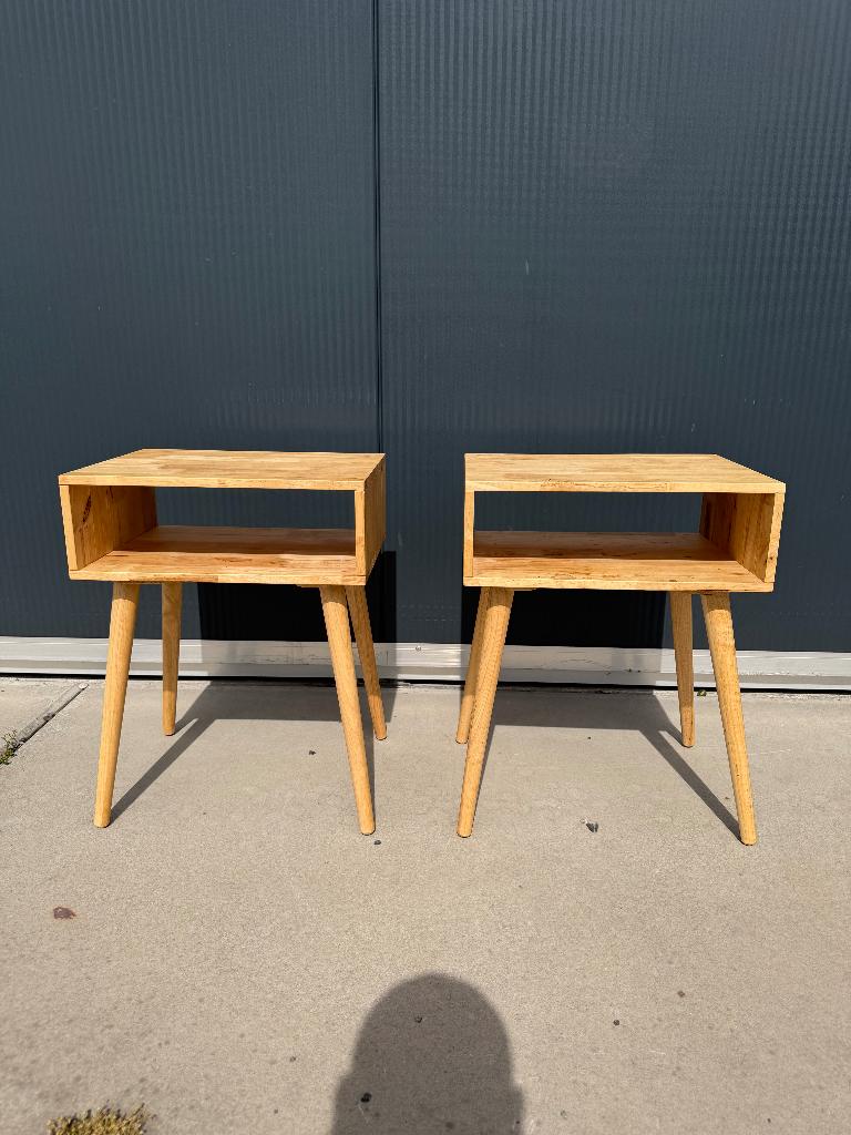 Set Scandinavische nachtkastjes hout mid century stijl, Gebruikt, Minder dan 45 cm, ., Ophalen of Verzenden