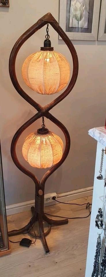 Retro rotan bamboe staande lamp met twee kappen, Ophalen, Onbekend, Onbekend, Onbekend