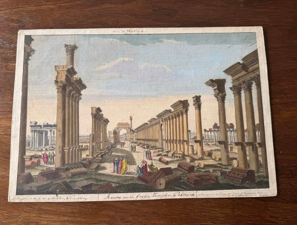 Oude prent: Ruïne Grote Tempel Palmaria - Met inkt beschreve, Met tekst, Overige technieken, Architectuur, Ophalen of Verzenden