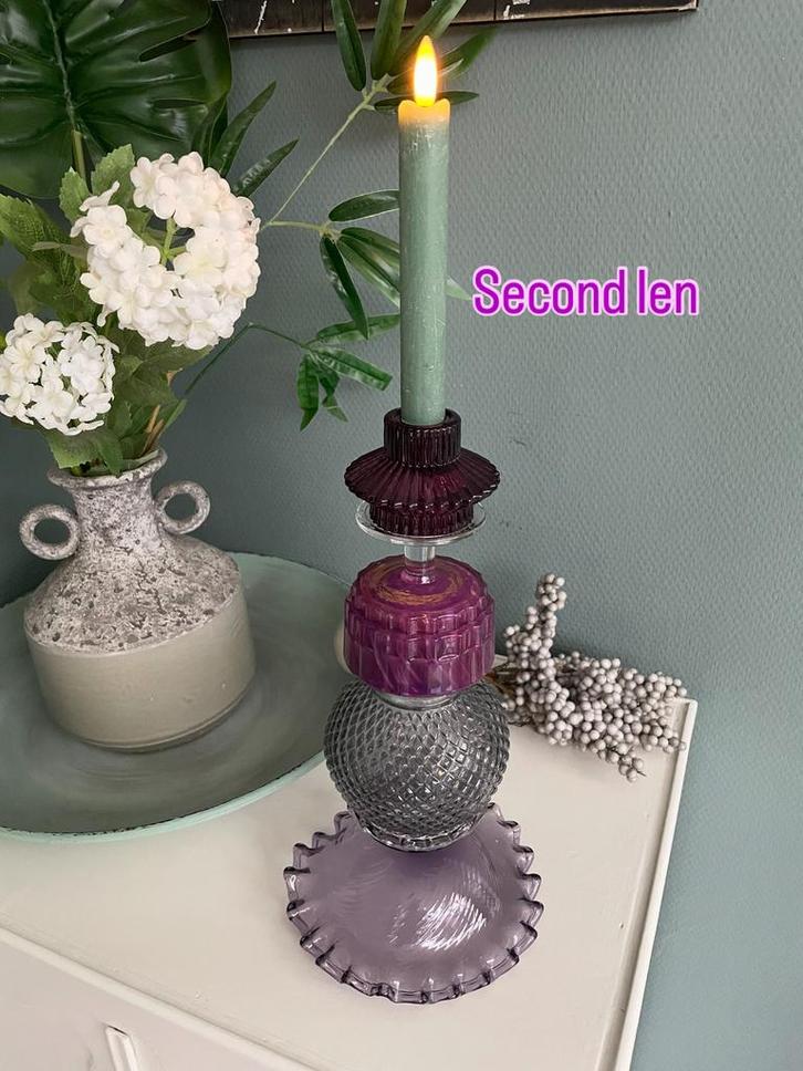 Upcycle Glaskandelaar Paars/Blauwgroen, Huis en Inrichting, Woonaccessoires | Kandelaars en Kaarsen, Gebruikt, Kandelaar, Minder dan 25 cm