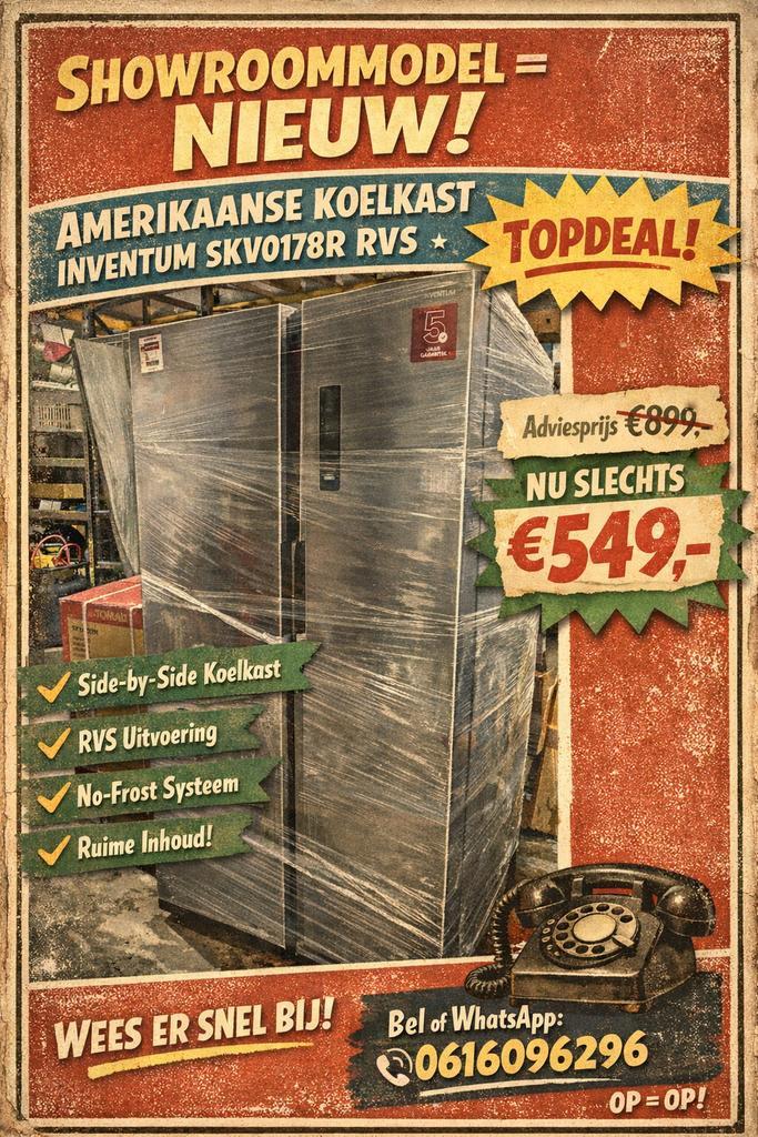 Inventum SKV0178R RVS - nieuw - 5 jr garantie - AMERIKAAN, Witgoed en Apparatuur, Koelkasten en IJskasten, Nieuw, Met aparte vriezer