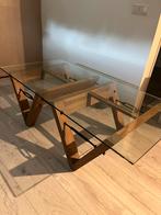 Salontafel met Houten Onderstel & Glazen Blad, Ophalen, Gebruikt, 100 tot 150 cm, 50 tot 100 cm