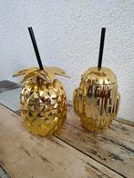 2 nieuwe drinkbekers goudkleur ananas en cactus met rietje, Overige materialen, Overige typen, Nieuw, Ophalen of Verzenden