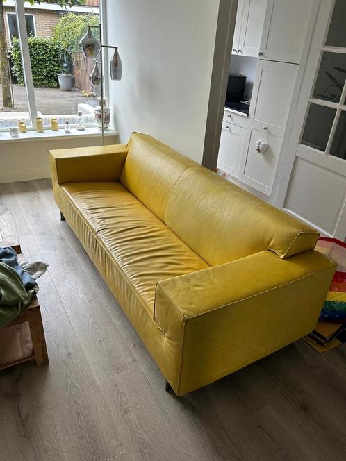 Geel leer bankstel, Huis en Inrichting, Banken | Sofa's en Chaises Longues, Gebruikt, Leer, Ophalen