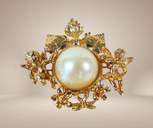 GROTE vintage Victoriaanse stijl ENGEL faux parel broche!, Sieraden, Tassen en Uiterlijk, Broches, Zo goed als nieuw, Overige materialen