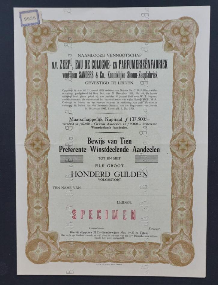 Koninklijke Stoom -Zeepfabriek Sanders & Co - Leiden 1943, Postzegels en Munten, Aandelen en Waardepapieren, Aandeel, 1920 tot 1950