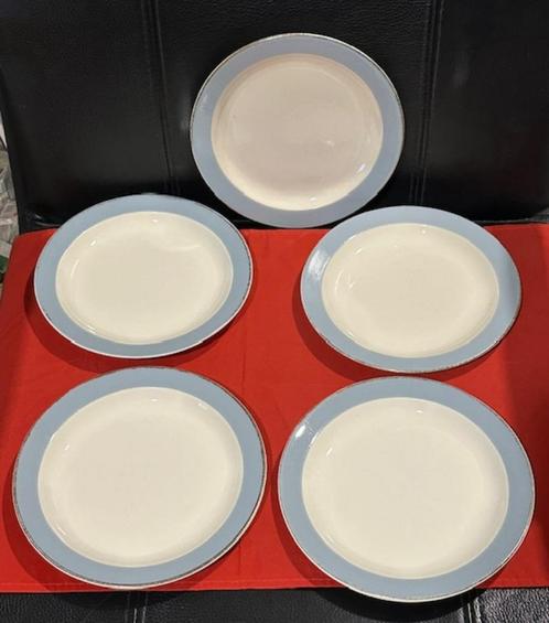 5x ontbijtbord pastel blauw Regout Maastricht, goud randje, Huis en Inrichting, Keuken | Servies, Gebruikt, Bord(en), Overige stijlen