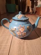 Vintage emaille blauwe theepot met bloemmotief, Antiek en Kunst, Ophalen of Verzenden