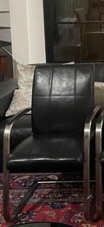 Goossens 4 Zwarte leren stoelen met aluminium frame, Huis en Inrichting, Stoelen, Gebruikt, Zwart, Leer, Ophalen of Verzenden
