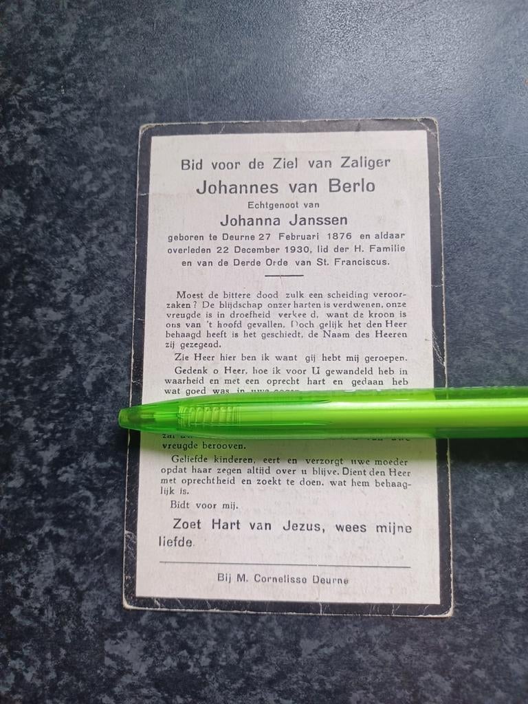 Bidprentje Deurne Johannes van Berlo 1876 1930, Ophalen, Bidprentje