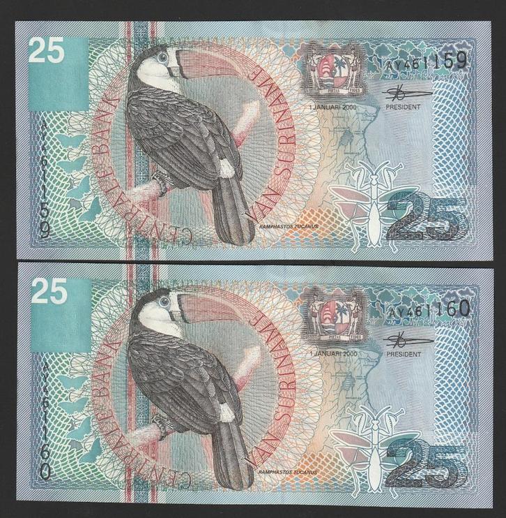 2x 25 gld 2000 suriname prachtige exemplaren opvolgend, Postzegels en Munten, Bankbiljetten | Amerika, Setje, Zuid-Amerika, Ophalen of Verzenden