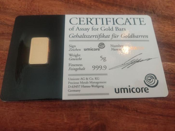 Umicore 5g Goudbaar 999.9 - Nieuwstaat!, Postzegels en Munten, Edelmetalen en Baren, Ophalen of Verzenden