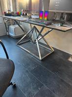 Glazen eettafel met stalen onderstel, Huis en Inrichting, Tafels | Eettafels, Ophalen, Gebruikt, 50 tot 100 cm, Vijf personen of meer