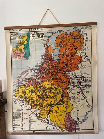 Antieke Franse schoolkaart Benelux – 100x120 cm – ca. 1950 beschikbaar voor biedingen