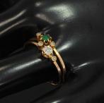 Smaragd met diamanten antieke 14k rose gouden dames ring, Ophalen of Verzenden, Goud, Ring, Met edelsteen