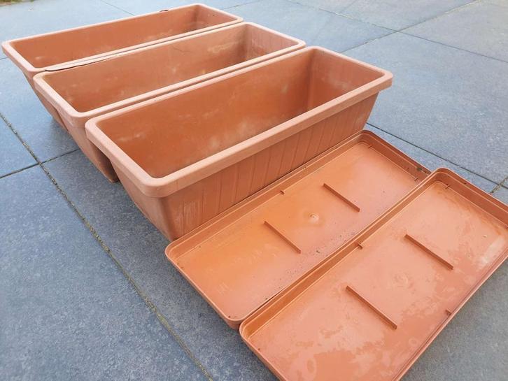 2x plastiek bloembak L49 x B19,5 x H 16,5cm + 2 onderschalen, Tuin en Terras, Bloembakken en Plantenbakken, Nieuw, Binnen, Minder dan 30 cm
