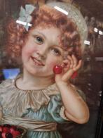 -	Kersen meisje prent vintage in lijst, Huis en Inrichting, Woonaccessoires | Schilderijen, Tekeningen en Foto's, Ophalen of Verzenden
