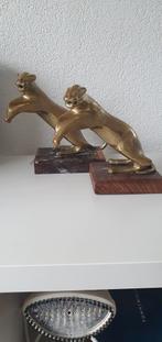 Messing Luipaard Beeldjes op Houten Sokkel, Antiek en Kunst, Ophalen of Verzenden