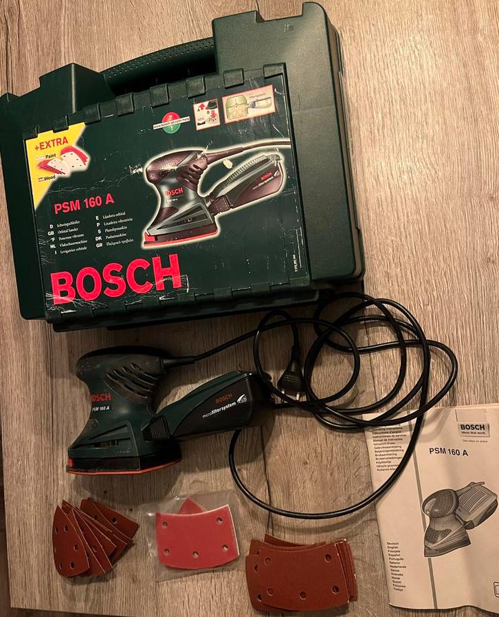 Bosch schuurmachine PSM 160 A met schuurvellen, Doe-het-zelf en Verbouw, Gereedschap | Schuurmachines, Zo goed als nieuw, Vlakschuurmachine